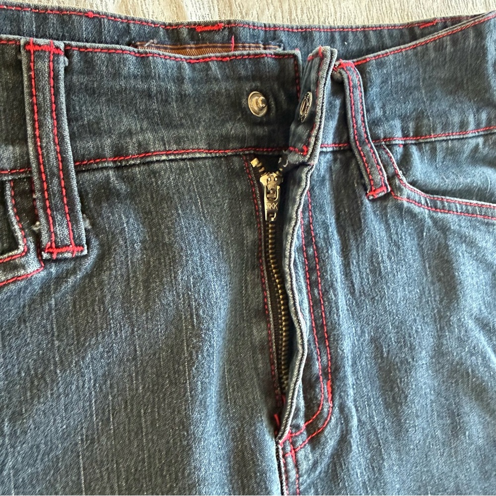 Womens Size 7/8 Dark Wash Denim Mini Skirt Red Stitch Low Rise - Picture 11 of 13